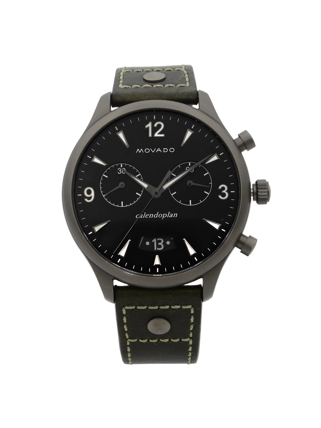 Pre-Owned Green Heritage Quartz Gunmetal Steel Dial 3650029 Watch Movado Leather Black