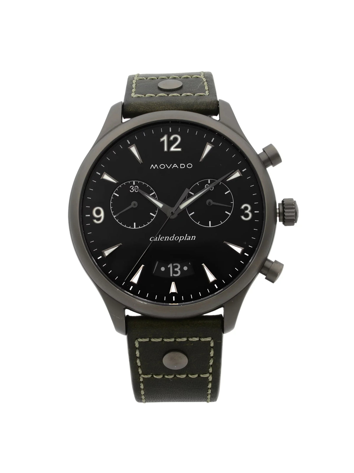 Pre-Owned Green Heritage Quartz Gunmetal Steel Dial 3650029 Watch Movado Leather Black
