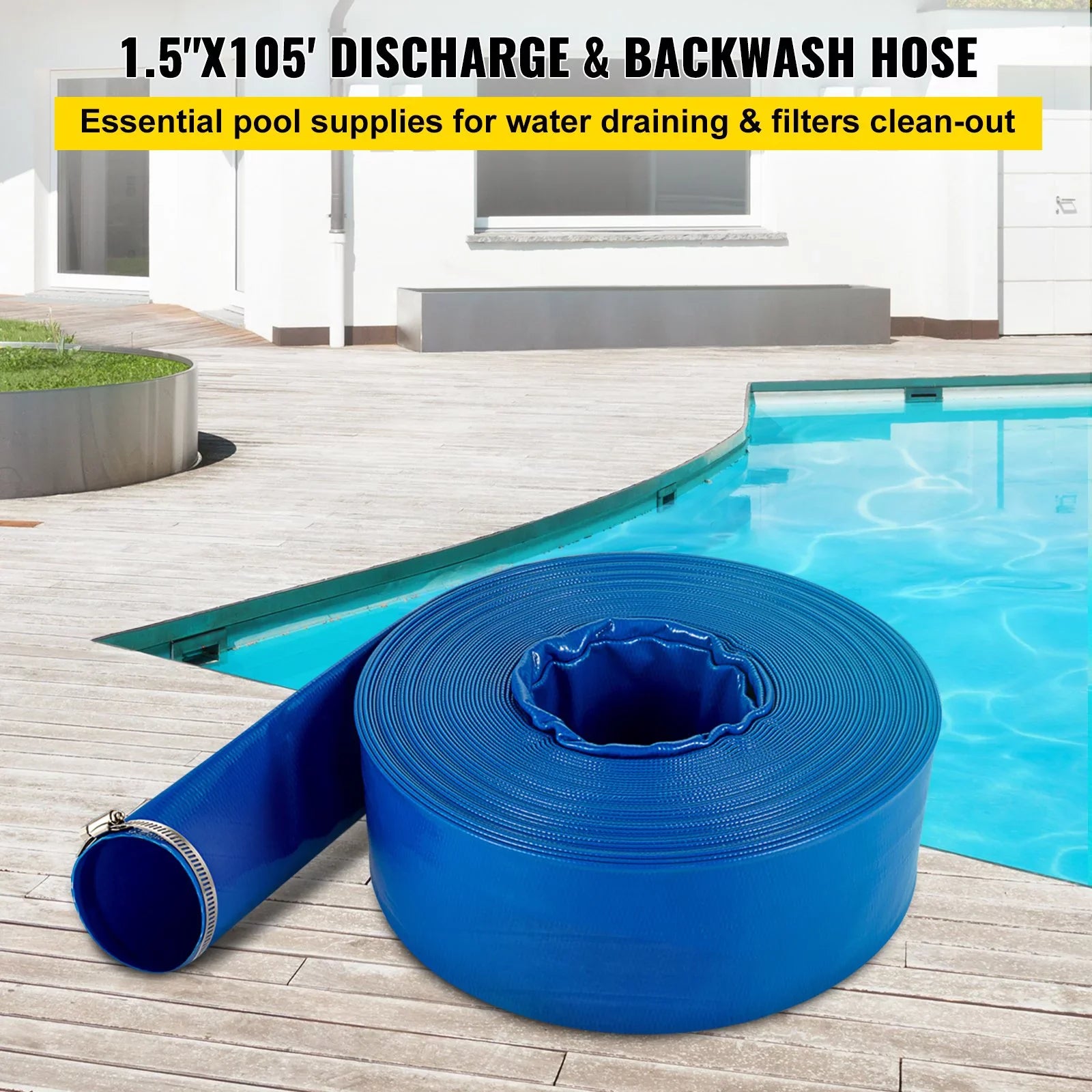 Backwash with x Water Drain & & Swimming Burst-proof, Duty 1-12" 105', Weather-proof VEVOR Flat Hose, Hose, Heavy Clamps, Fabric Pool Transfer, Hose Discharge for Ideal Lay
