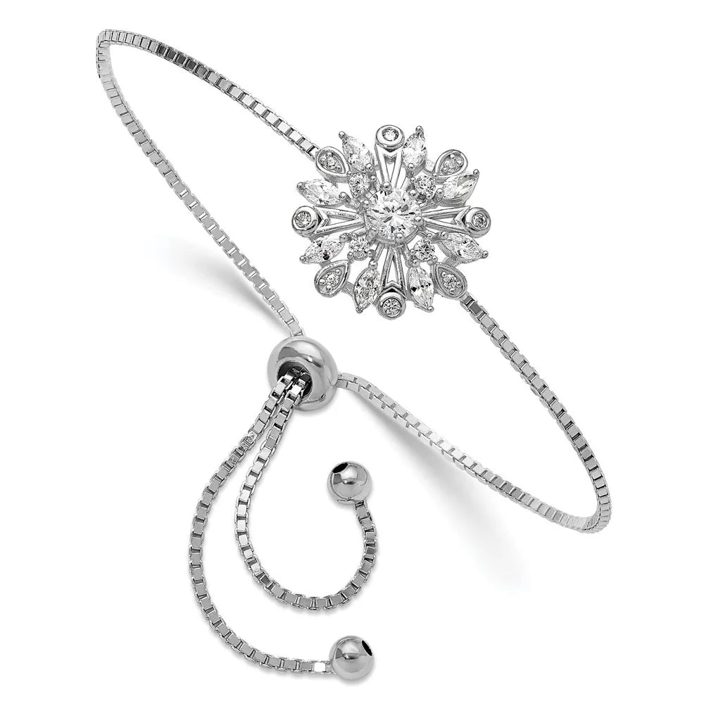 Sterling 925 Auriga Women Floral for CZ Adjustable Silver Rhodium-plated Bolo Bracelet