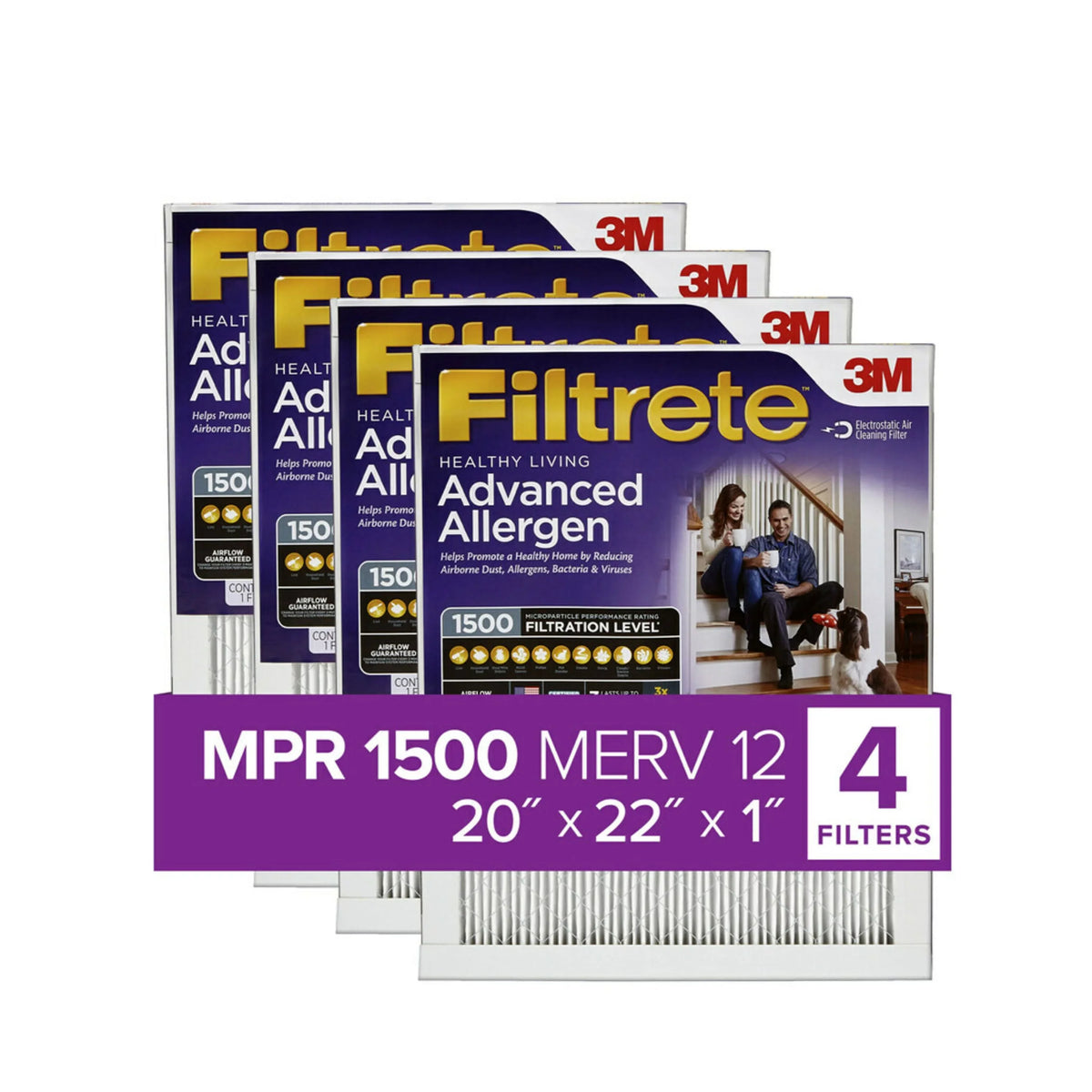 12, 3M, HVAC MERV MPR, Filters Captures 4 Furnace by atmospheric Filter, 20x22x1, Filtrete Allergen Reduction Viruses, 1500 Advanced Bacteria, Allergens,