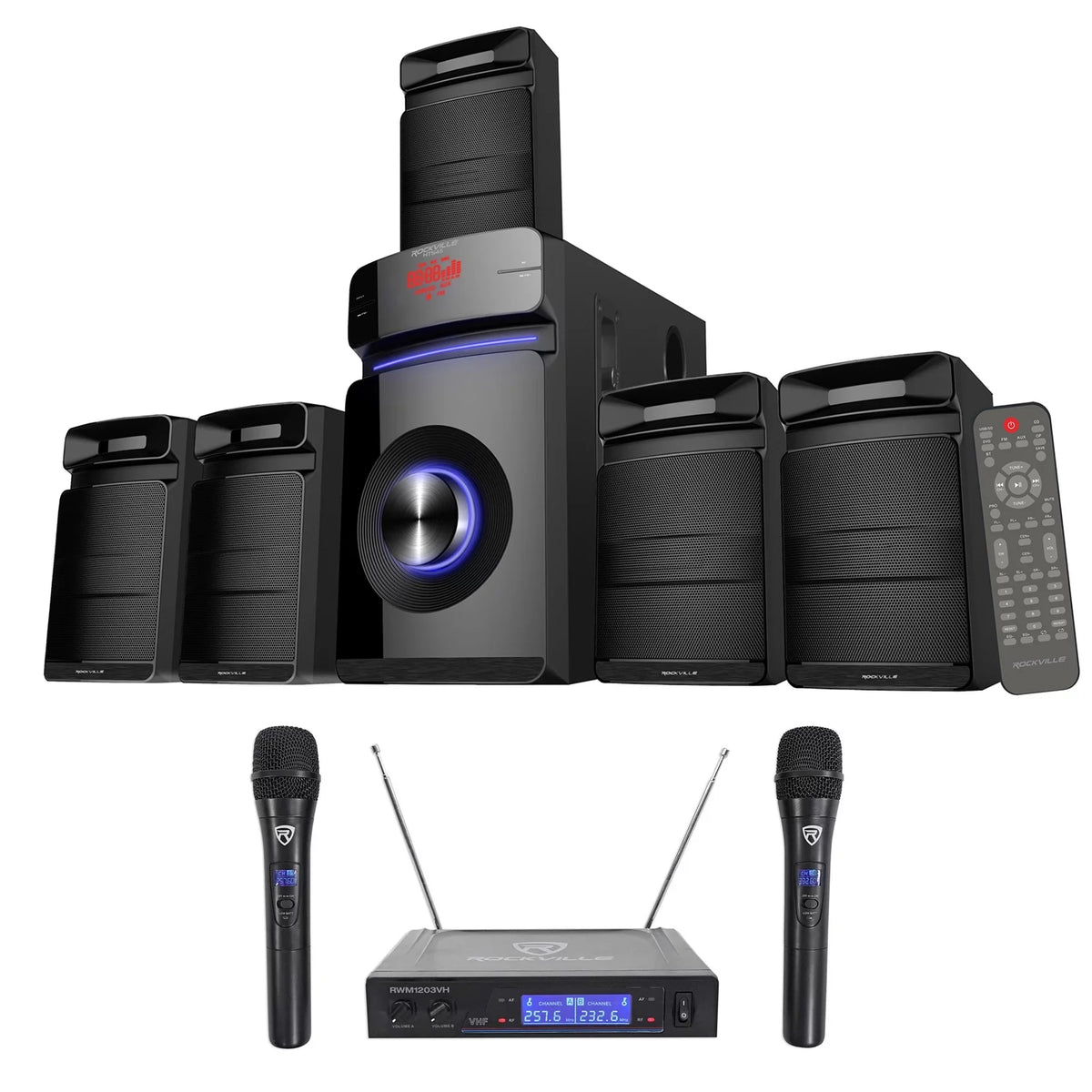 Machine Mics Wireless w/5.25" Rockville System VHF Home Theater/Karaoke Sub+(2)