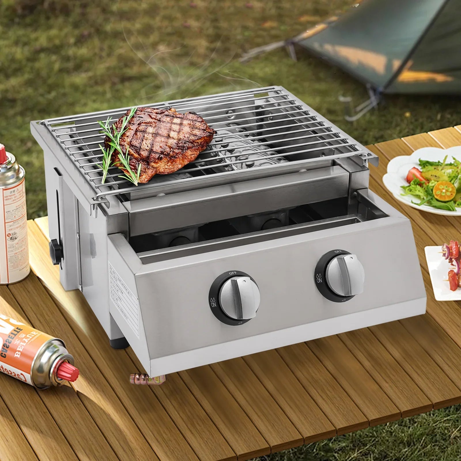 Steel LPG Grill Barbeque Stainless Gas Grill, Sliver 2-Burner for Outdoor Countertop