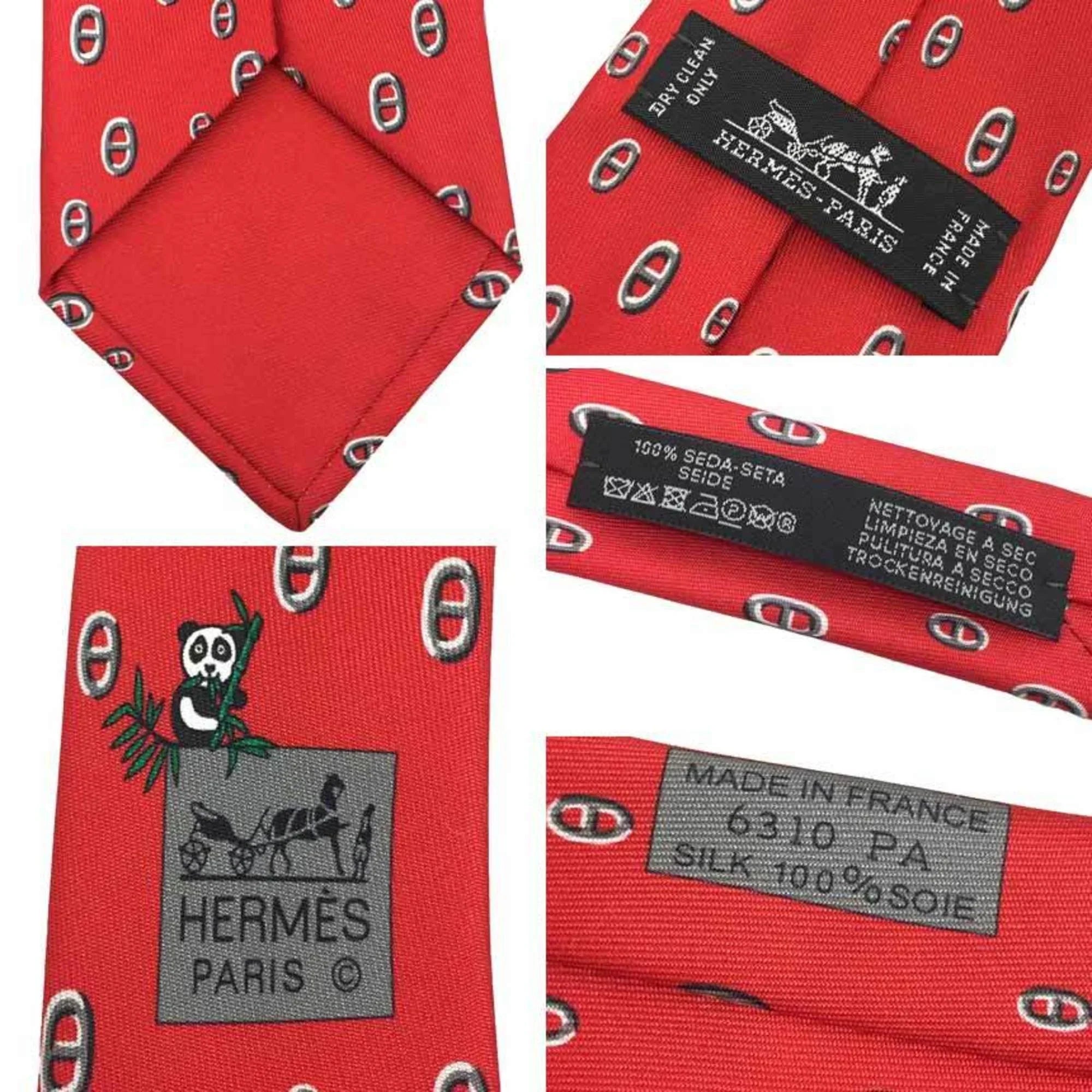Twill HERMES Chaine Men's Silk Tie Pre-Owned Panda New) (Like Red Hermes d'Ancre
