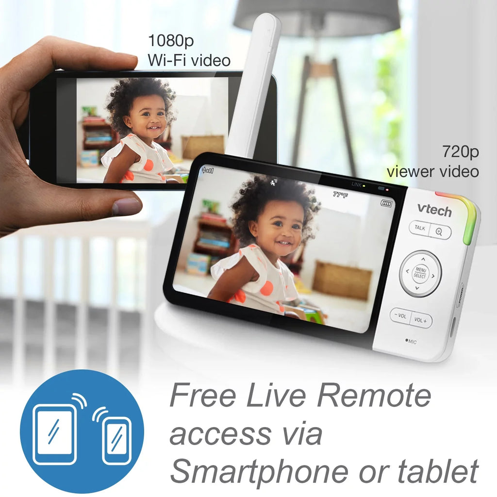 Panoramic Monitor Pan Baby Tilt with Smart and 1080p 5-inch Definition 360-Degree Display HD VTech WiFi and Camera, RM5864HD, Viewing High White Video