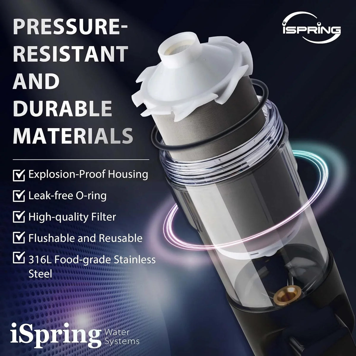 WSP100ARJ-BP Spin-Down Auto Upgraded Clear Sediment Whole Filter with iSpring Flushable and Microns Reusable, House Water Touch-Screen Jumbo Modes, Size, Housing, 100 Flushing, Bypass, Prefilter, 4