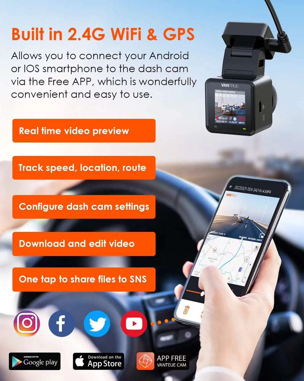 and Max Buffered WiFi Wireless Night with APP, Support 24 Motion Controller, Vision, Voice GPS Car Hours Parking Mode, Camera, E1 Mini Dash Detection, Dash Control Vantrue Front Cam 512GB 2.7K Speed,
