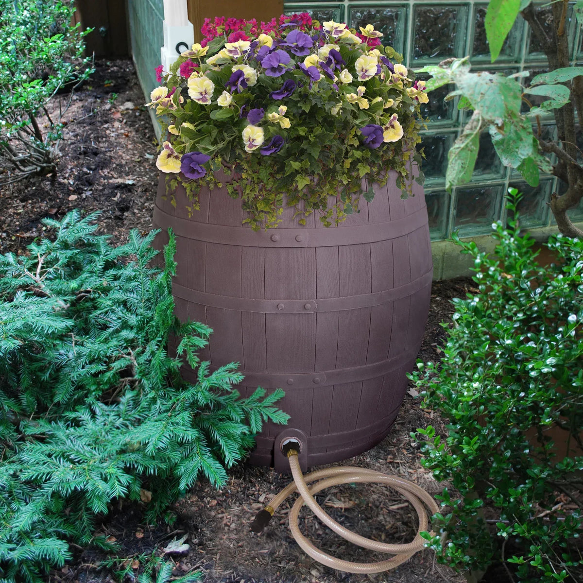 Water Design – Planter, Barrel – Hose Whiskey – 50-Gallon Flatback Includes Brown Rescue Outlet Rain Rain Diverter,