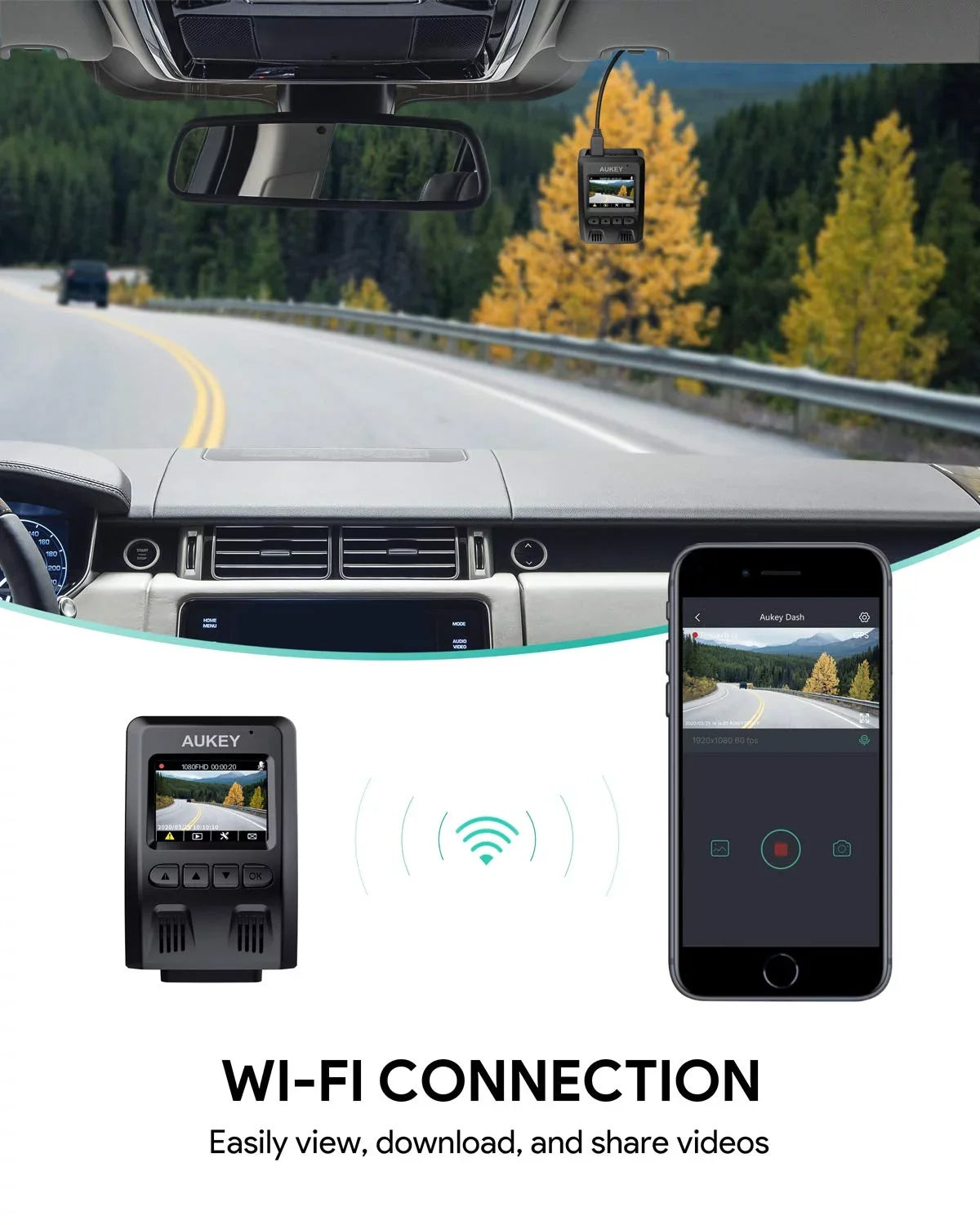 AUKEY Cam, Car Cars, for Angle Lens 1080P FHD Dash Dash Black-DR02 170-Degree Wide 6-Lane Wifi P Camera, Camera
