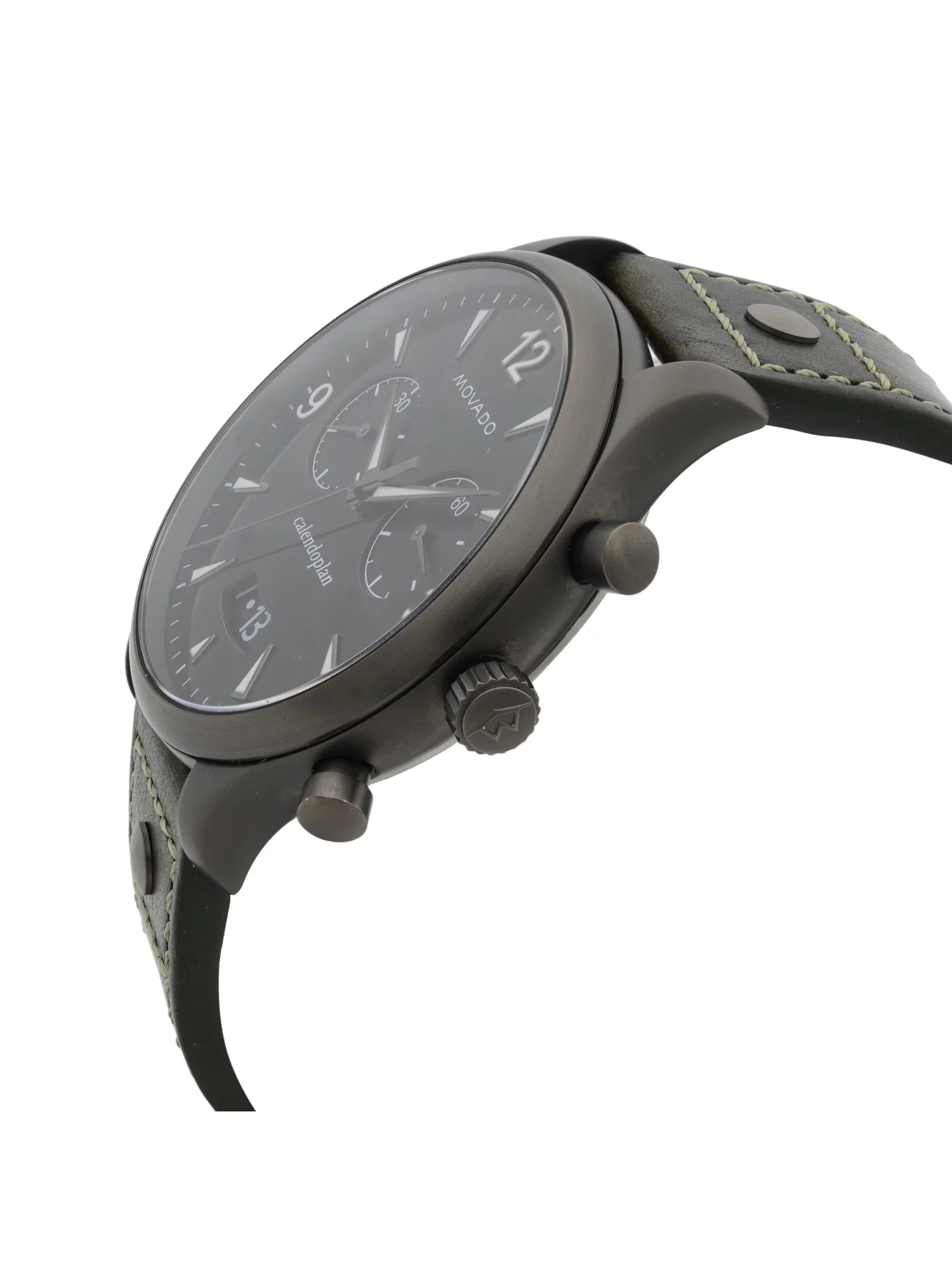 Pre-Owned Green Heritage Quartz Gunmetal Steel Dial 3650029 Watch Movado Leather Black