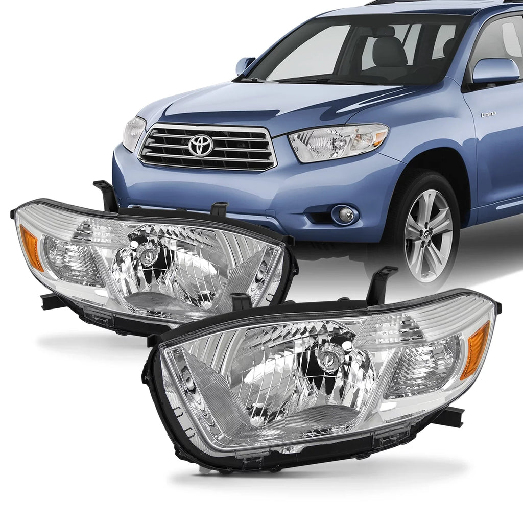 2009 Fits - [Halogen Toyota 2008 Left+Right Pair highlander Type] Headlights 2010 Replacement AKKON Chrome
