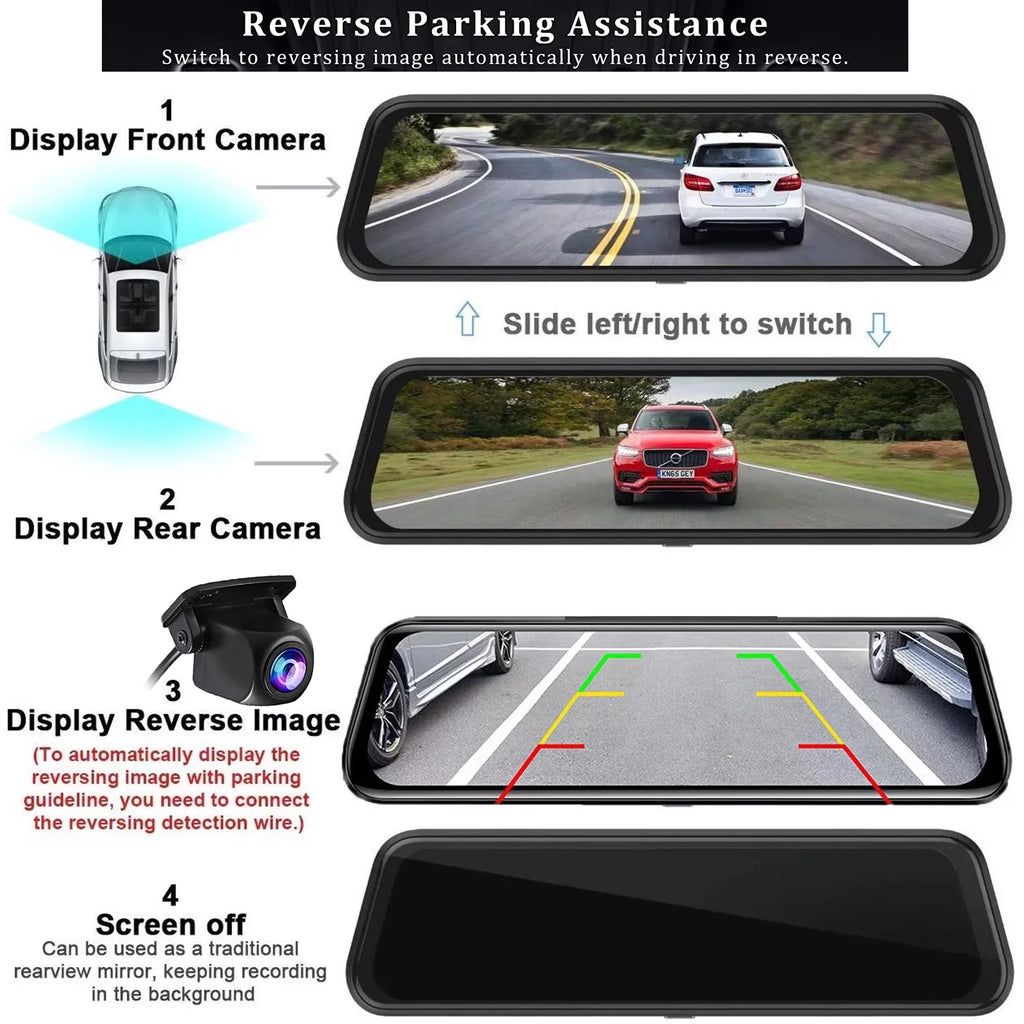Dash Assistance, Mirror Camera, Vision, Super Motion Kit 10" Night Cars, Rear Recording for View, and Backup 1080P Front Screen Loop Dash Cam Touch Camera Dual Detection,Reversing