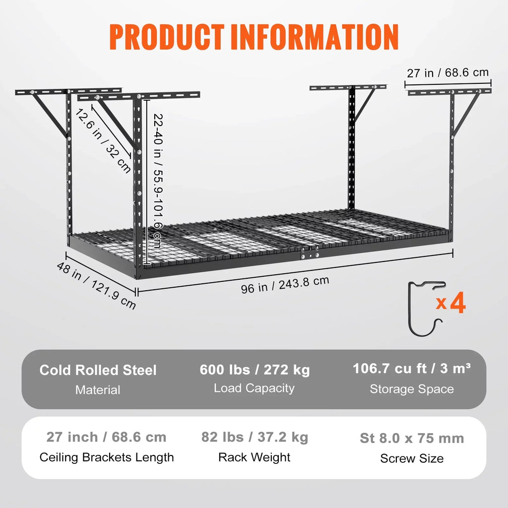 Rack Adjustable Storage Ceiling 48x96" Black Overhead Rack 600 SKYSHALO lbs Garage