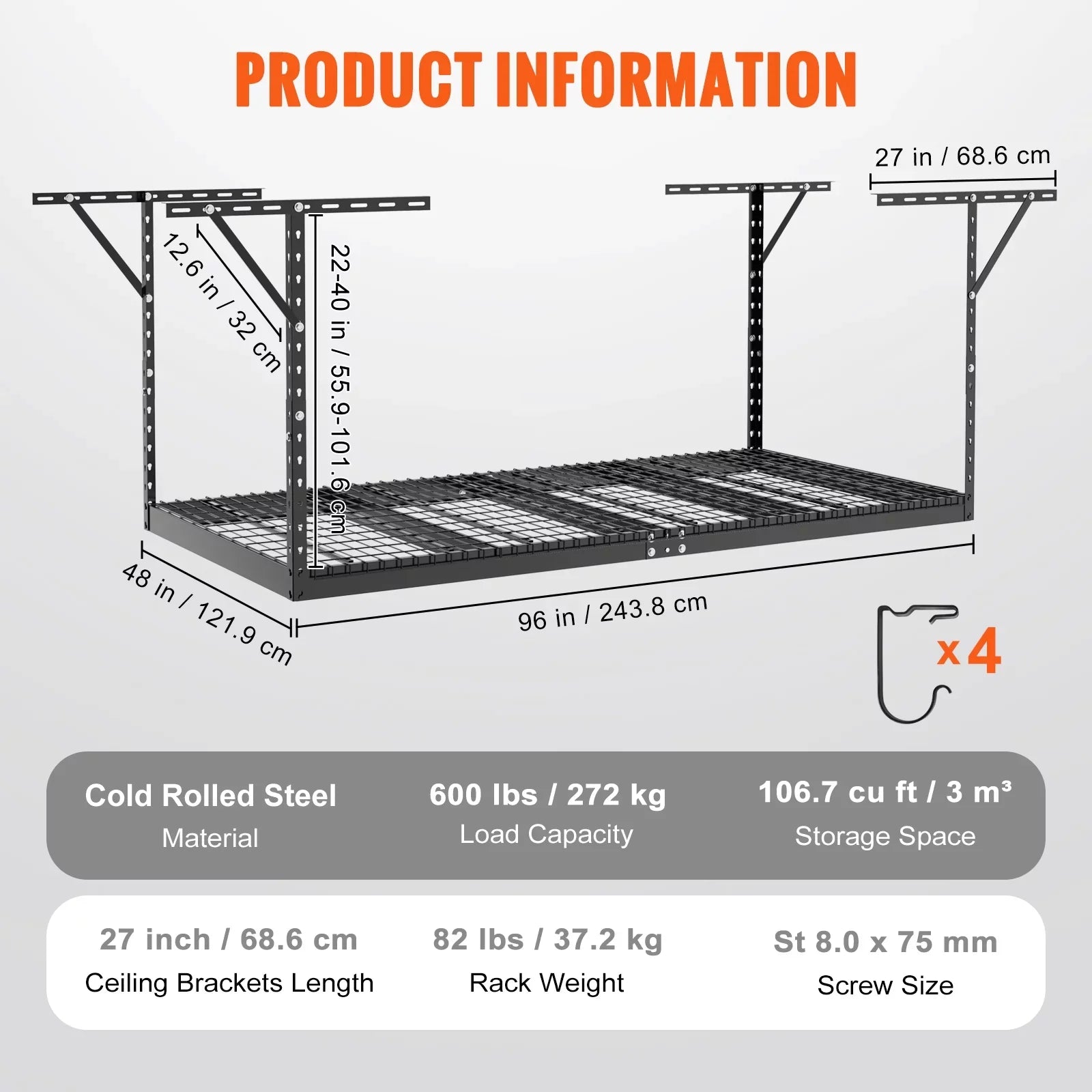 Rack Adjustable Storage Ceiling 48x96" Black Overhead Rack 600 SKYSHALO lbs Garage