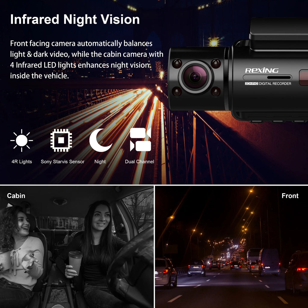 HD Rexing V3 with Dash 1080p Full Inside Wi-Fi Basic Cam Dual Front Cabin and Camera