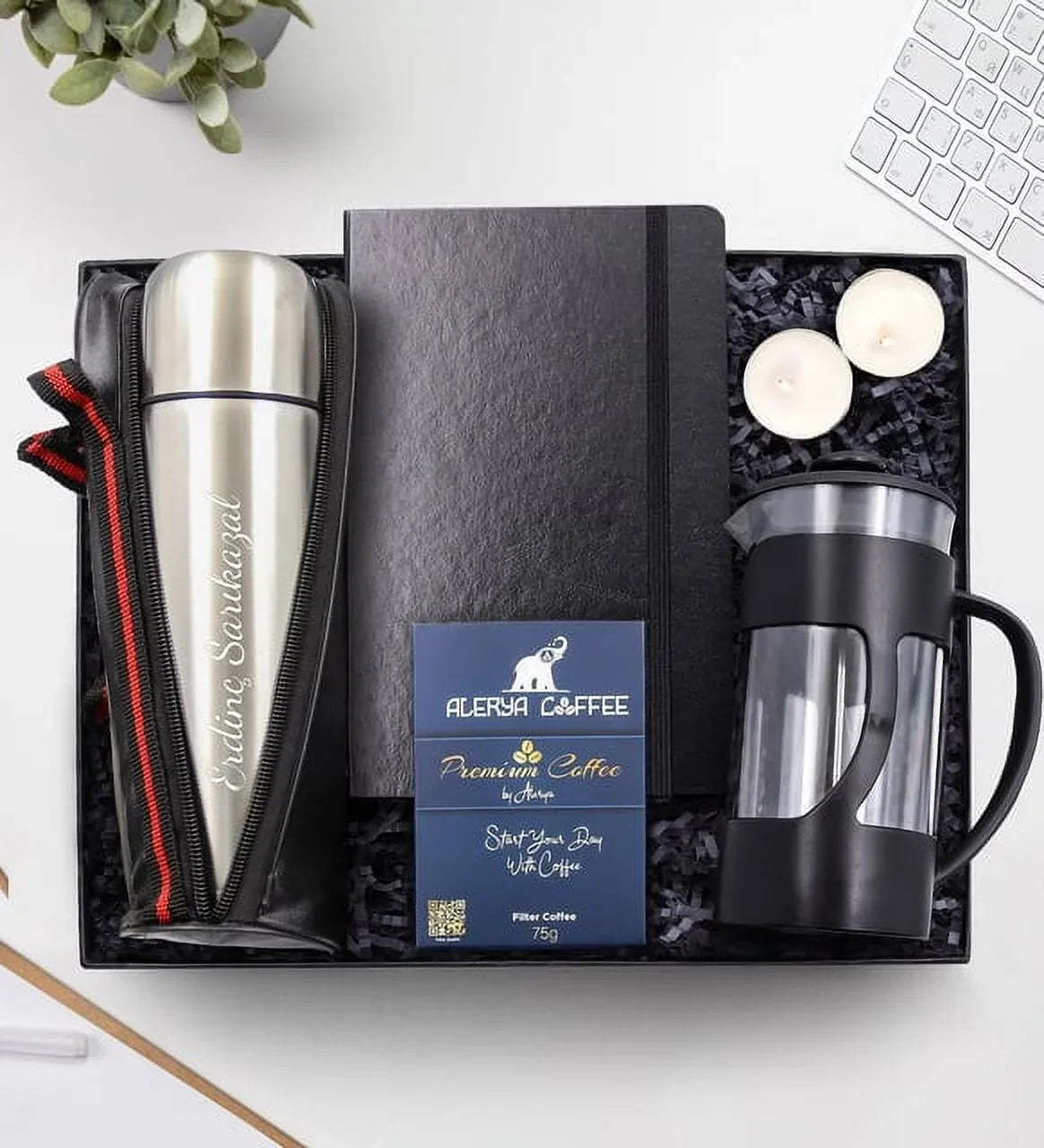 Leather 2 Premium Set Coffee ML Notebook & 500 Personalized French Bag Press Silver & Alerya Candle & Thermos Gift & Filter Black