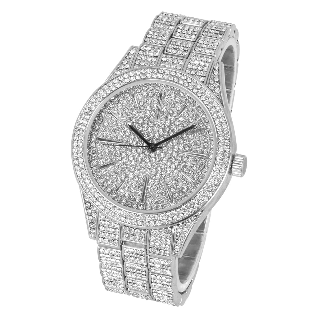 Simulated Iced 42mm Diamond - Bling Band Adjustable Mens Out Movement Tone Silver Metal - Out with Watch Quartz Fully Dial Finish Bling-ed and Diamonds -