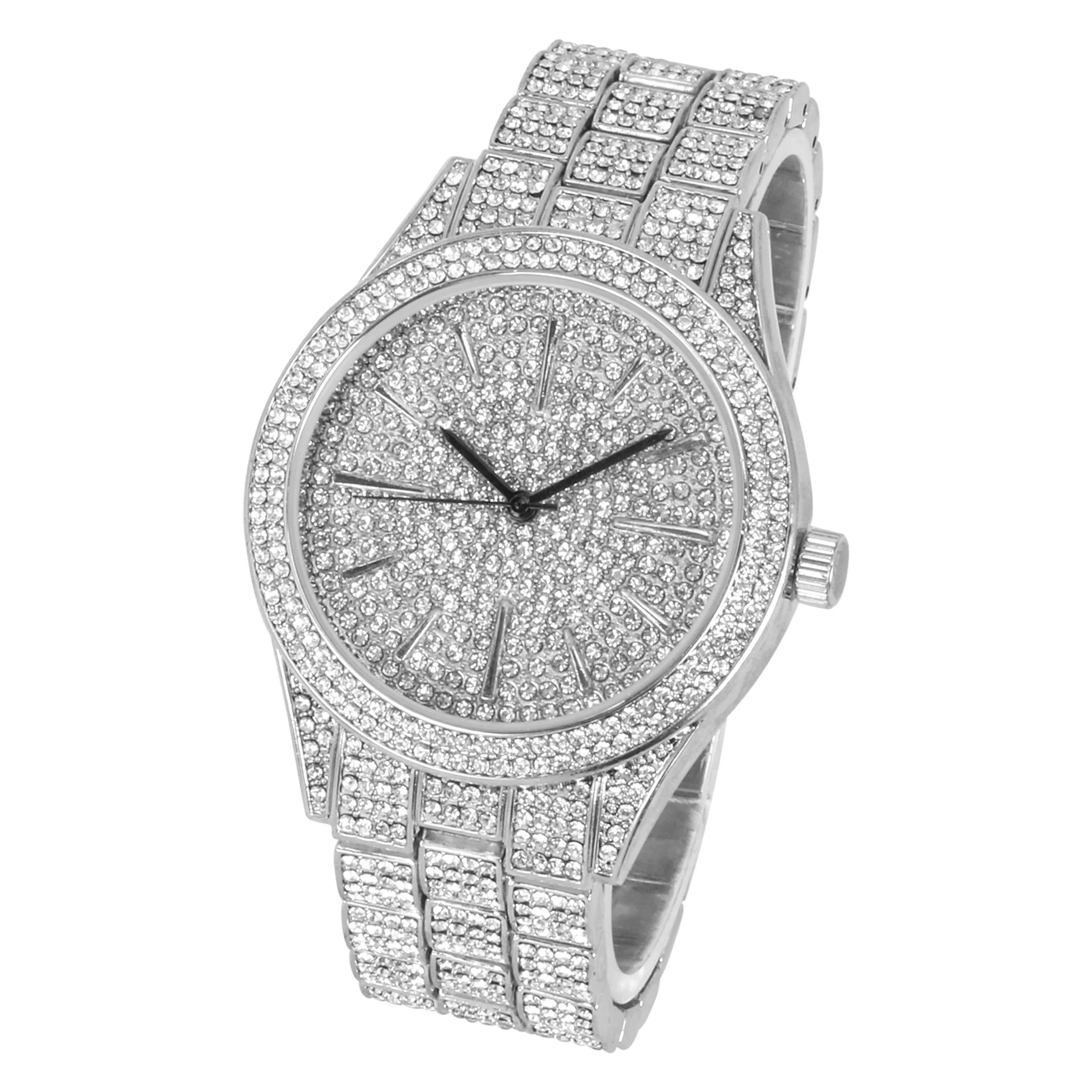Simulated Iced 42mm Diamond - Bling Band Adjustable Mens Out Movement Tone Silver Metal - Out with Watch Quartz Fully Dial Finish Bling-ed and Diamonds -