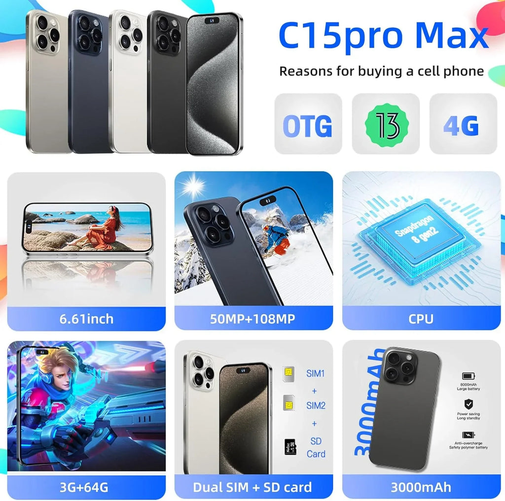 Pro Phones Unlocked Support High-Definition Smartphones Dual-SIM Battery C15 Android Cell Large 3000mAh Large-Capacity Phone (Black,3+32G) AI Phone Screen 6.61in Smartphone Max