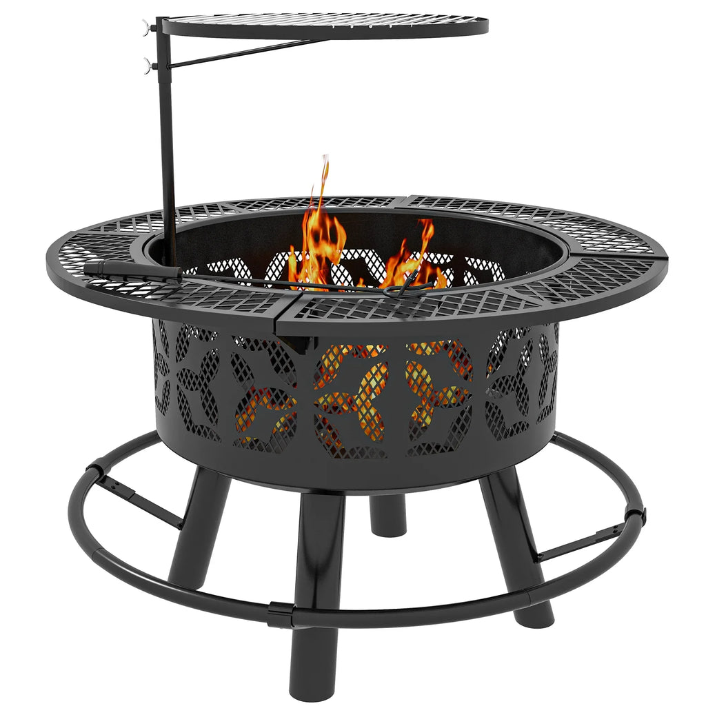 Picnic, for Round, Cooking Adjustable Poker, Backyard, Outdoor Grate BBQ with Wood and Pit Patio, Grill Black 33" Burning Fire Firepit Capri