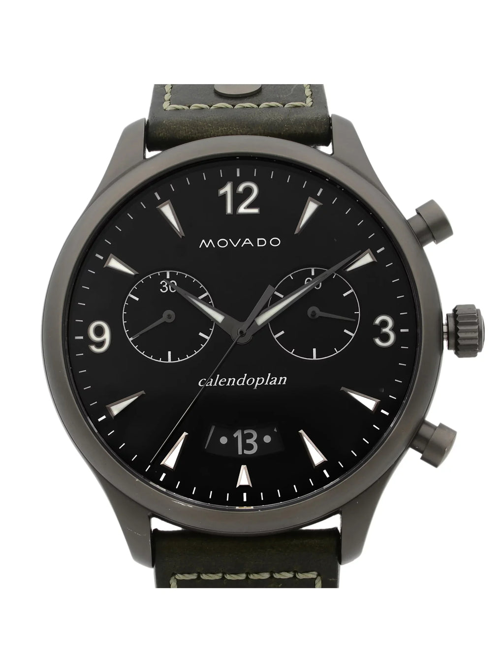 Pre-Owned Green Heritage Quartz Gunmetal Steel Dial 3650029 Watch Movado Leather Black
