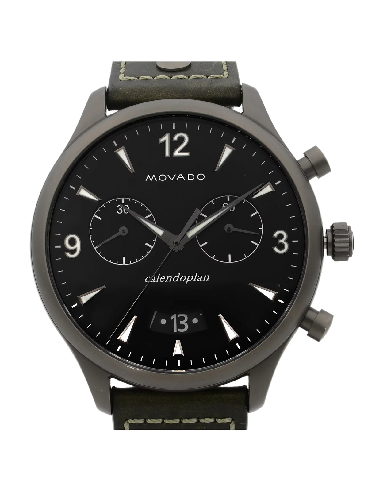 Pre-Owned Green Heritage Quartz Gunmetal Steel Dial 3650029 Watch Movado Leather Black
