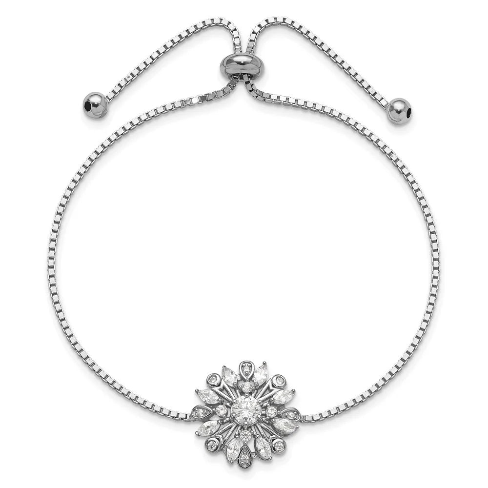 Sterling 925 Auriga Women Floral for CZ Adjustable Silver Rhodium-plated Bolo Bracelet