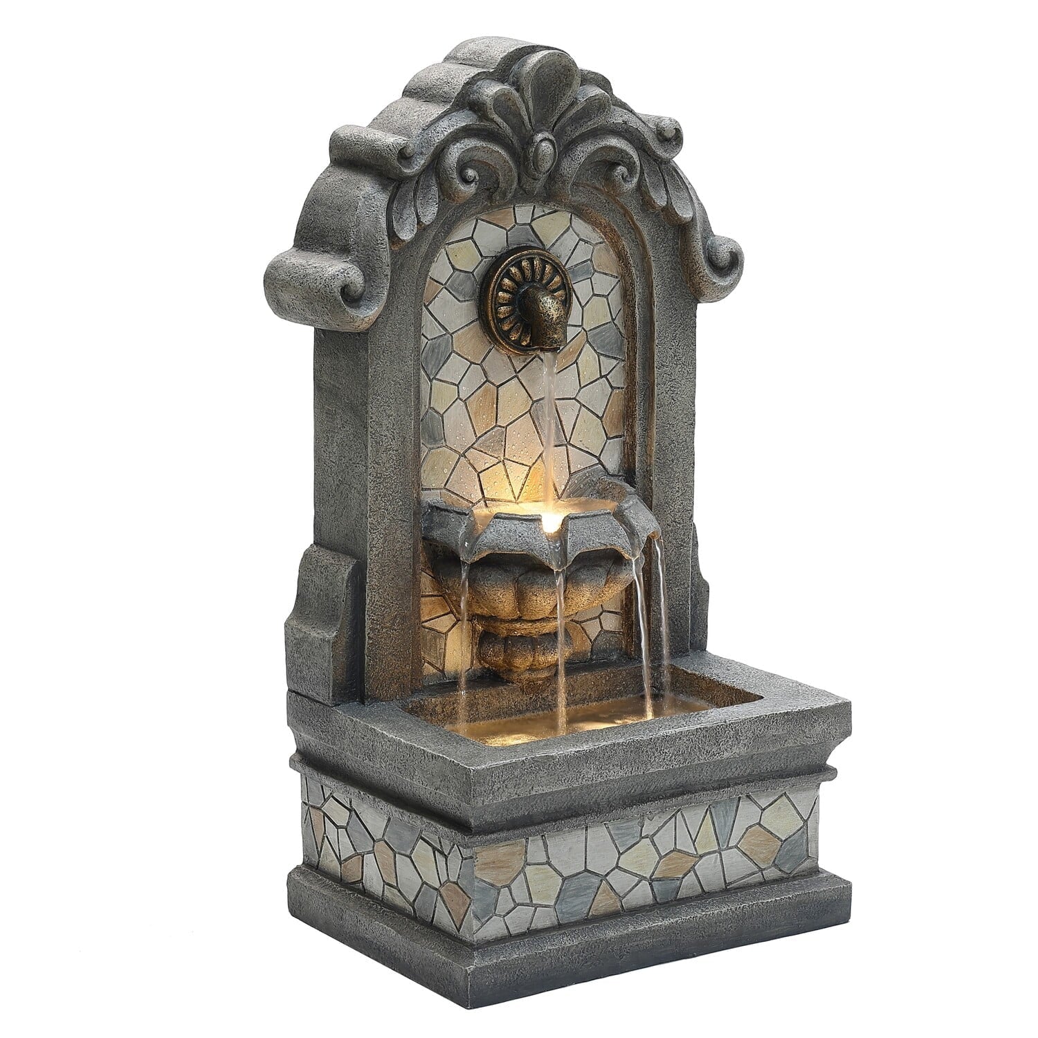 Wall Gray Lights 27" Freestanding Mosaic Resin Outdoor with LuxenHome Fountain Water H