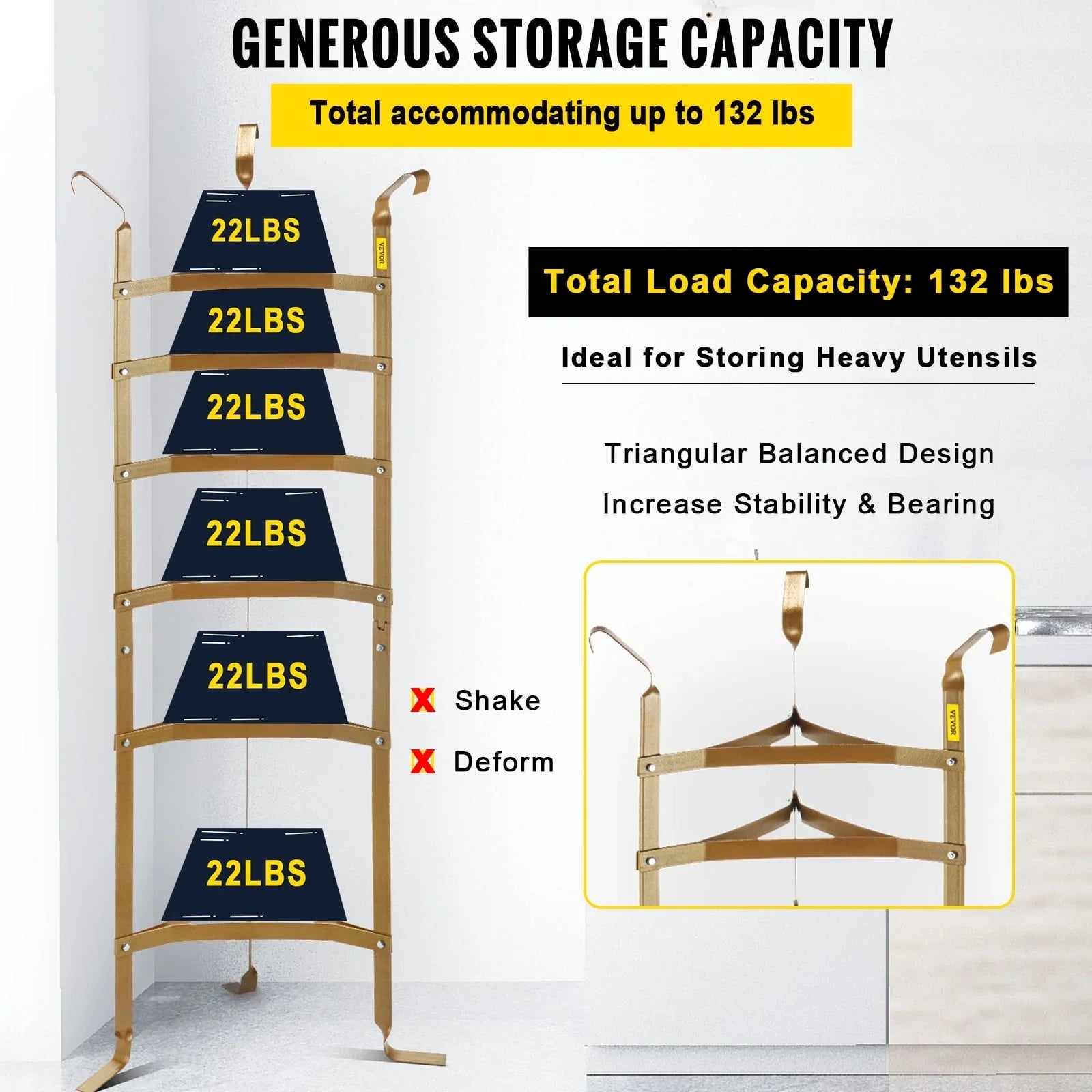 Pans, Cookware Pots, SKYSHALO Copper Cookware Carbon Kitchen Rack Shelf, Rack, Stand, 6-Tier Baskets Unassembled Storage Steel Pot Corner Cookware Storage Tower, for Multi-Layer Kettles 61-inch Shelf