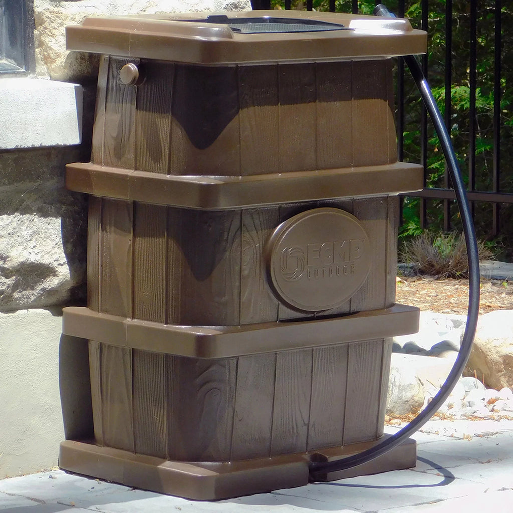 FCMP Outdoor Gallon Rain Catcher 45 Wood Barrel, WG4000 Grain Brown Water