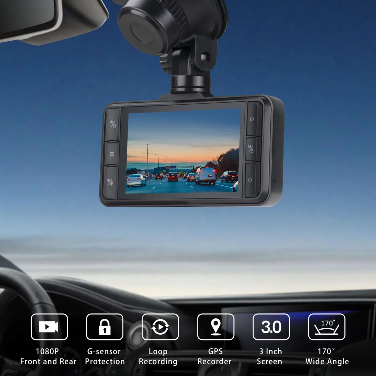 Camera 1080P Dual Dash G-Sensor GPS and Rear Recording IPS TOGUARD Black Camera WDR Loop Cam 3" Dash Car FHD Front