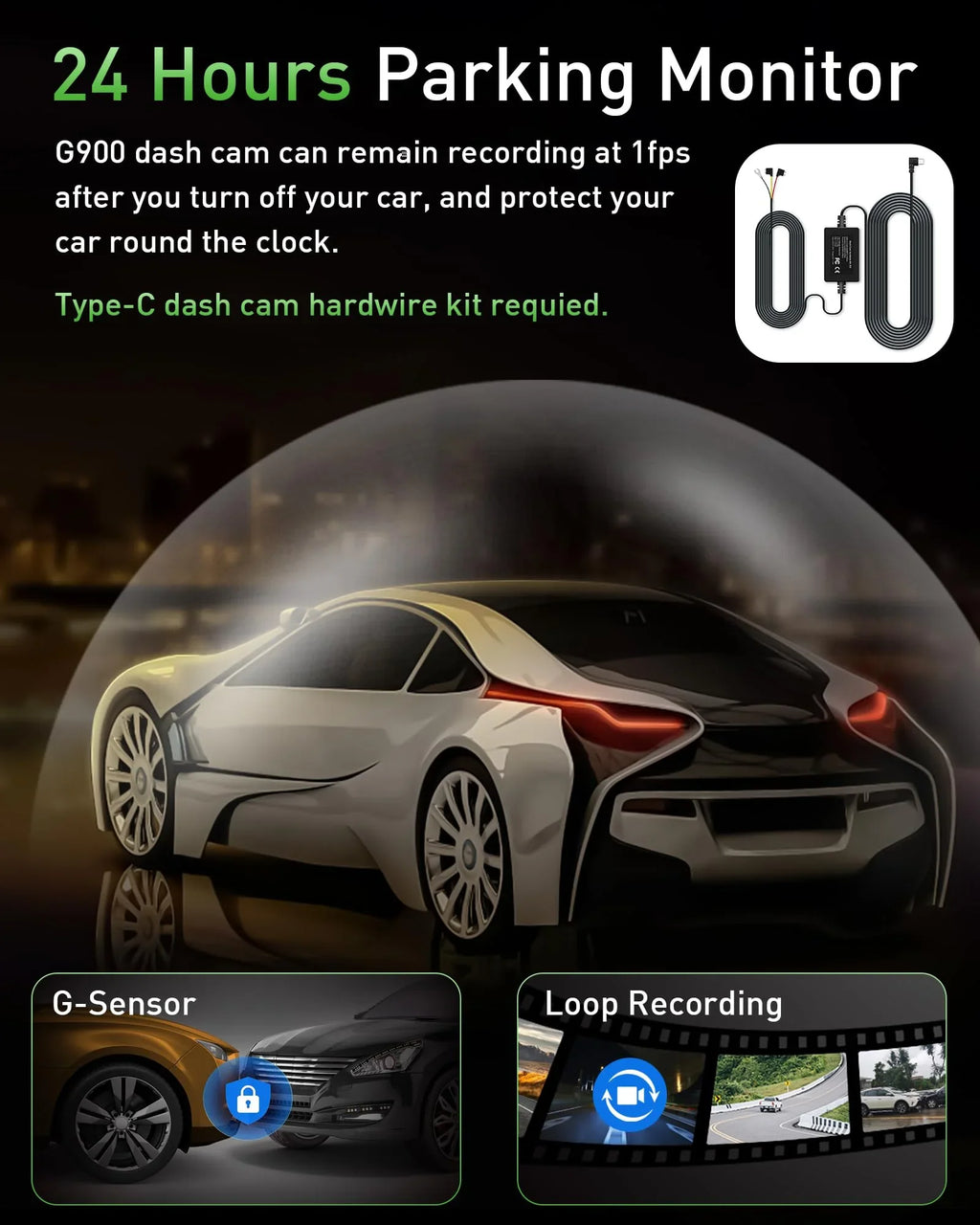 included 170° dash IPS night cam, parking hours dash recording, angle, rear car 4K+1080P 64GB loop front cam, wide Advanced 3-inch card WiFi 24 dual cam, SD mode, vision, and dual dash