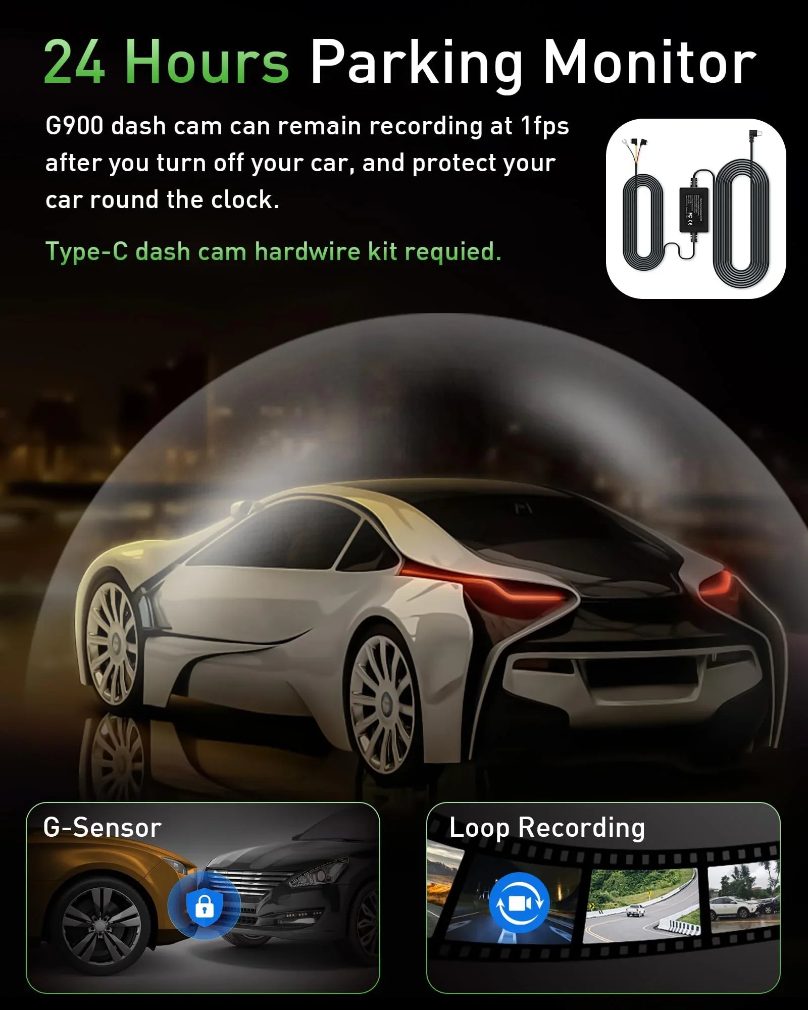 included 170° dash IPS night cam, parking hours dash recording, angle, rear car 4K+1080P 64GB loop front cam, wide Advanced 3-inch card WiFi 24 dual cam, SD mode, vision, and dual dash