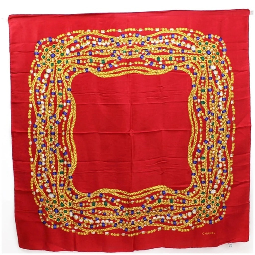 B scarf muffler (Fair) pattern Pre-Owned rank silk CHANEL Chanel ladies red