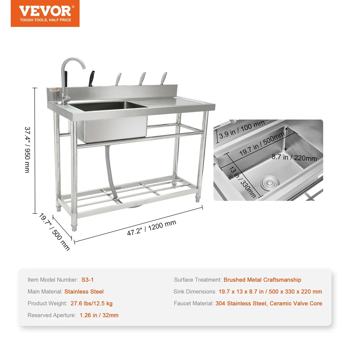Utility Single Steel Sink w/Workbench BENTISM Bowl Stainless 47.2x19.7x37.4 in