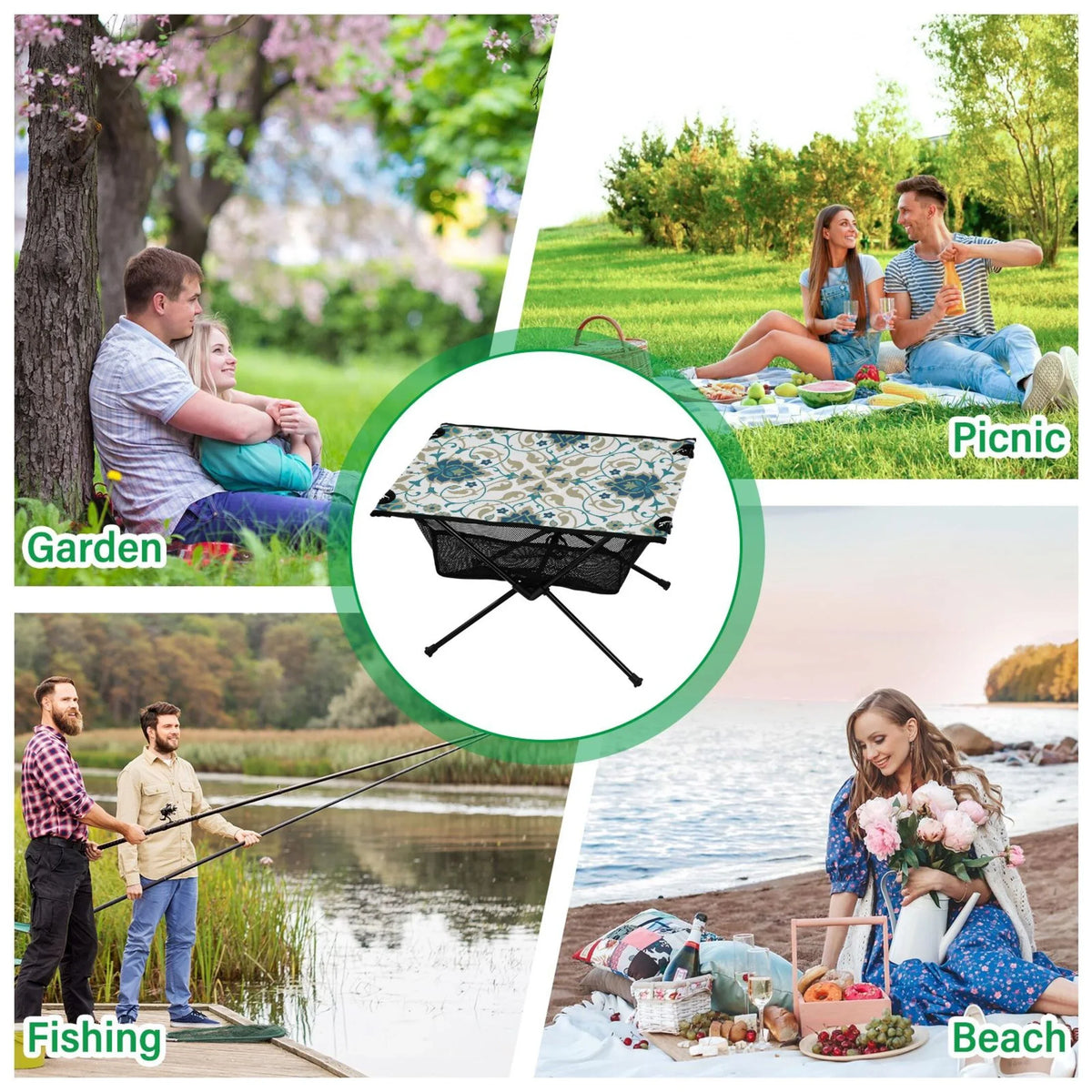 Folding Fishing Print Beach Outdoor Storage Table with Indian Table for Picnic Travel Camping Table BBQ Compact Bag transportable
