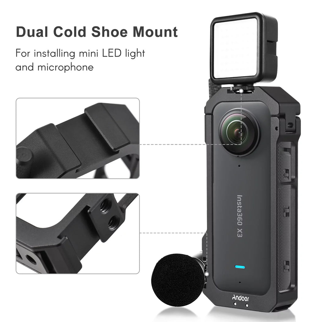 Alloy Accessories, Aluminum Suitable Vlog Andoer Cage Frame, Metal Shoe - Cold Insta360 Dual X3 Features Panoramic for Camera Video Mounts, Protective