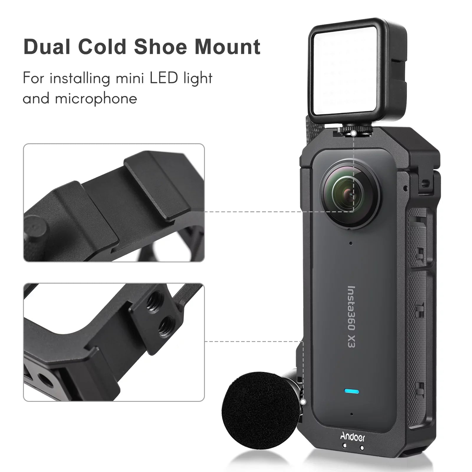 Alloy Accessories, Aluminum Suitable Vlog Andoer Cage Frame, Metal Shoe - Cold Insta360 Dual X3 Features Panoramic for Camera Video Mounts, Protective