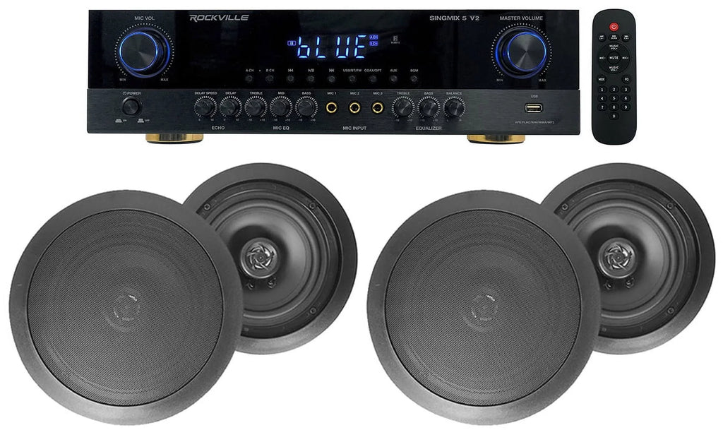 Rockville SINGMIX 8" Ceiling Black Receiver Amp+(4) Bluetooth Home 5 Speakers