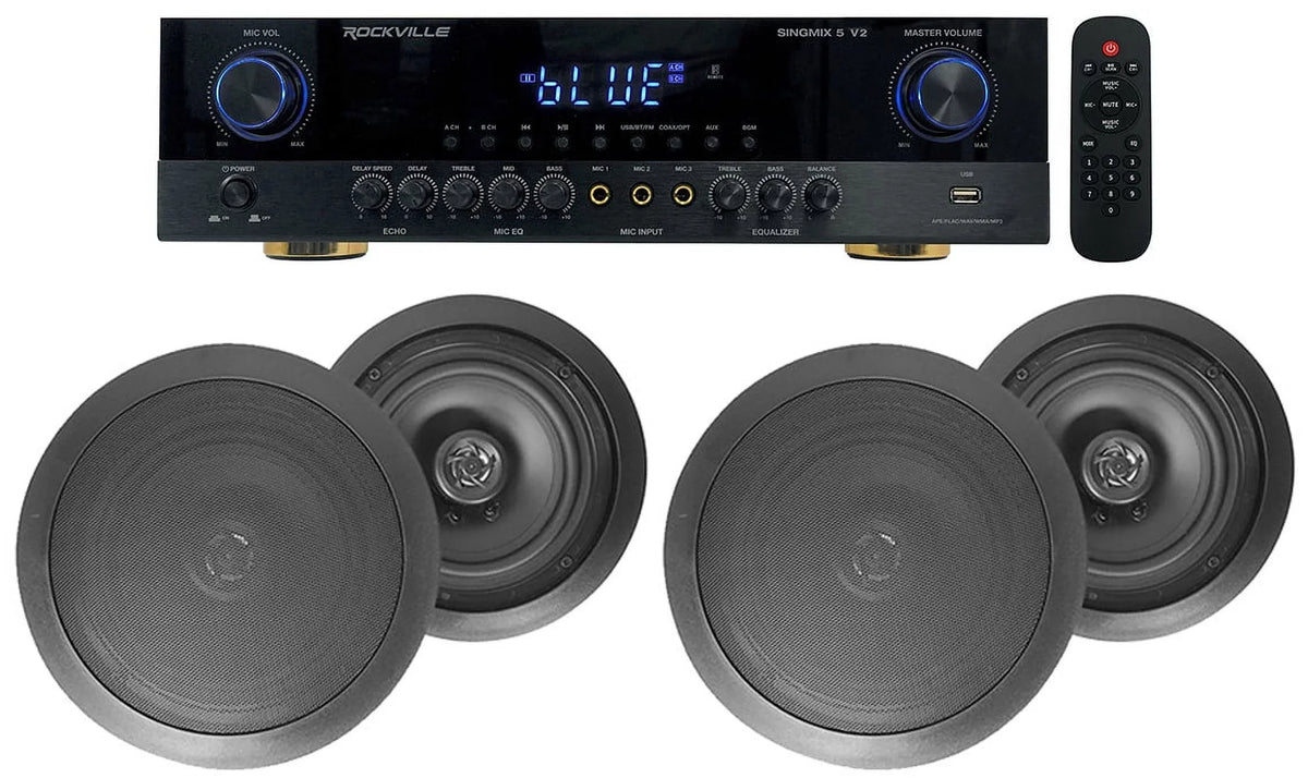 Rockville SINGMIX 8" Ceiling Black Receiver Amp+(4) Bluetooth Home 5 Speakers