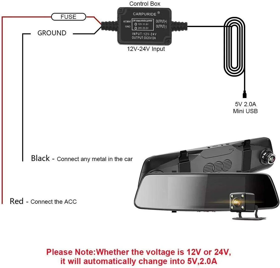 Car 5V/2A Dash to DC Cam Port, Fuse, Hardwire Camera with USB - 12V Kit, Cable Mini Charger Low kit Max 24V Dash
