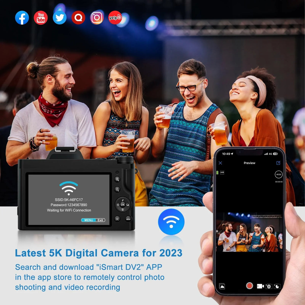 48MP Camera, Stabilization Digital Camera Travel Camera, Vlogging Autofocus 16x 5K 6-Axis Compact UV Beginners Digital for Zoom Boys, with WiFi Filter Girls, Camera