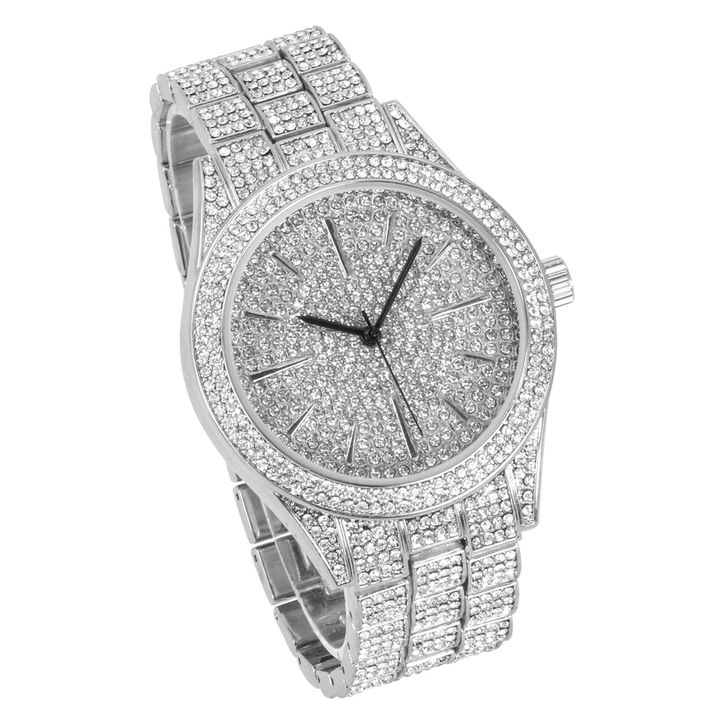 Simulated Iced 42mm Diamond - Bling Band Adjustable Mens Out Movement Tone Silver Metal - Out with Watch Quartz Fully Dial Finish Bling-ed and Diamonds -