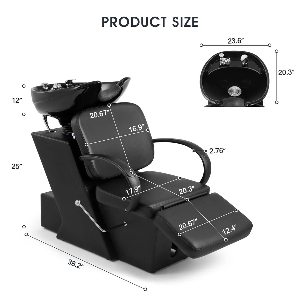 Sink Bowl Adjustable Chair with Ceramic Tattoo and Salon Beauty Backwash Spa Shampoo Hand Footrest Bowl, Artist Black
