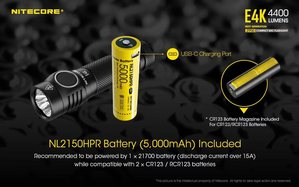 and generation Charger E4K - USB Cord and Combo: +UMS2 w/NL2150HPi Batteries NITECORE 4400 NL2150HPR Flashlight Eco-Sensa Intelligent Lumens Next