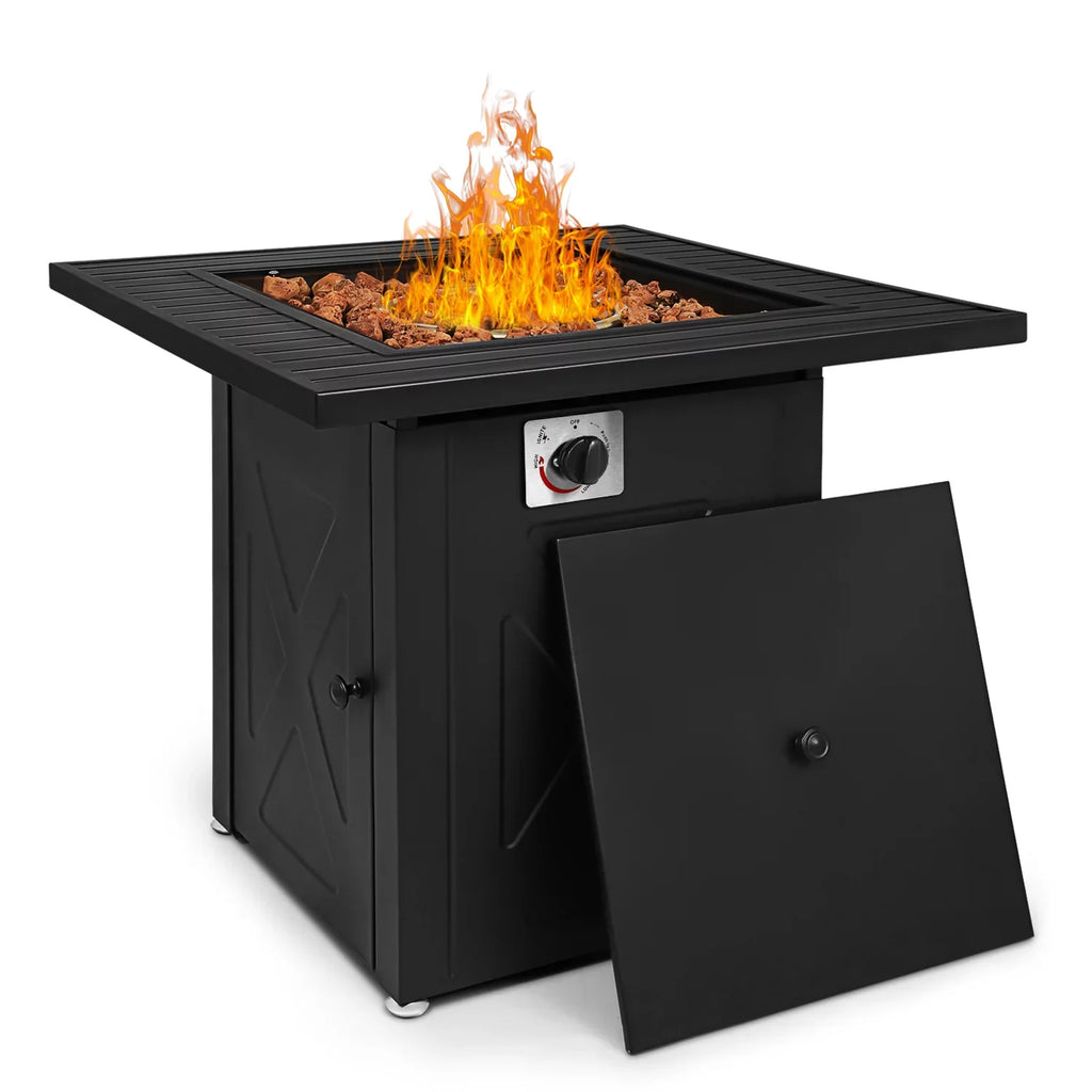 with MoNiBloom Propane Pit Table Gas Patio, Outdoor Lid 50,000 BTU Fire and Rocks Square Metal Fire Lava for Pit Table Black 28"