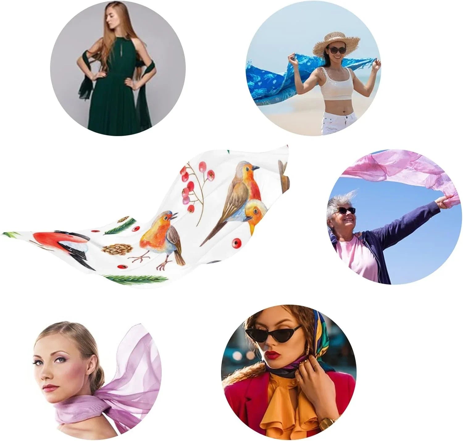 Hyjoy Scarf Bird for Scarves Neck with Girls Christmas Silk Women Shawl Watercolor Leaves Lightweight Wrap Long