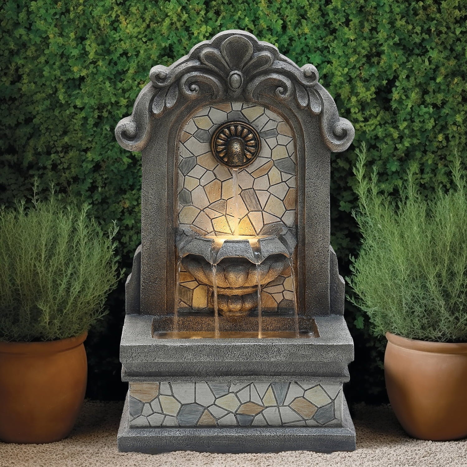 Wall Gray Lights 27" Freestanding Mosaic Resin Outdoor with LuxenHome Fountain Water H