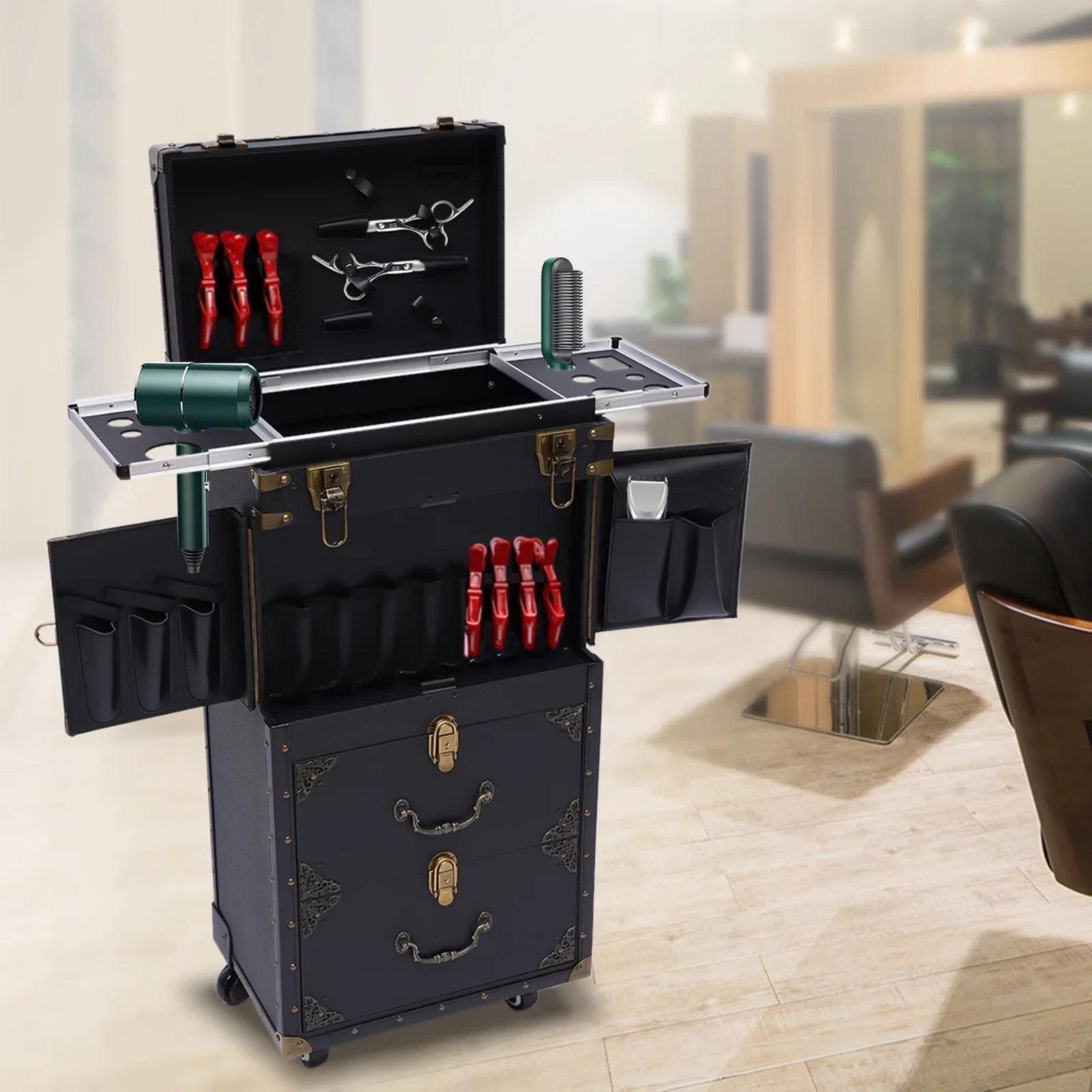 Hair with Trolley Dryer Aiqidi Box Beauty Case Holder Hairdressing Stylist Cosmetic Lockable Organizer Tool Rolling Travel Makeup Salon Train Barber Luggage