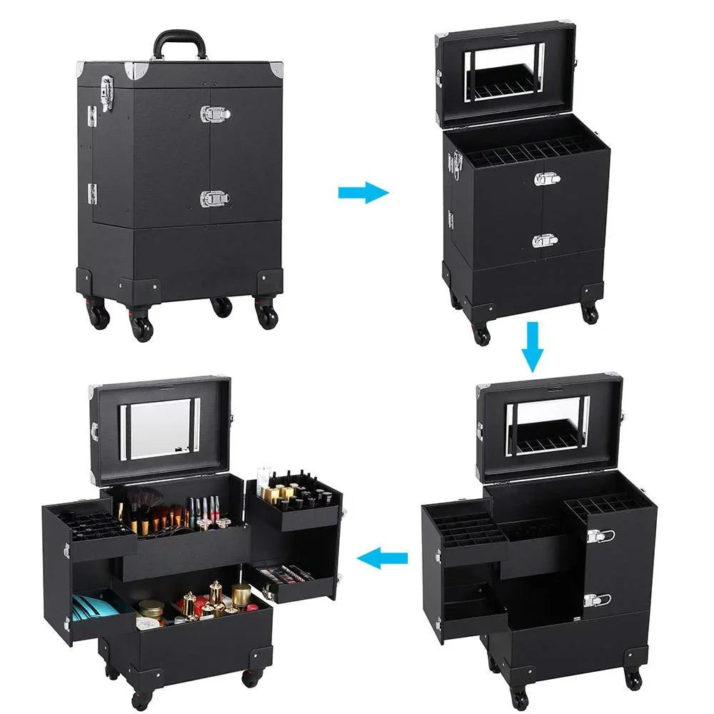 Rod Cosmetic Handle, Makeup Removable 4 Trolley Case Black Wheels, Rolling Train with Luggage Travel Case, Pull Spinner Mirror and